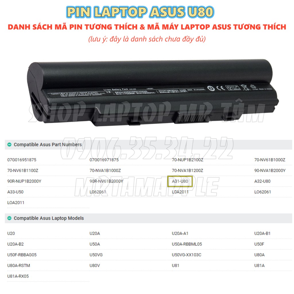 Pin Laptop ASUS U80 (A31-U80) - 6 CELL - U20A U20F U50F U50V U50VG U80A U80E U80F U80V U81 U89