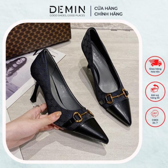 . Giày cao gót DEMIN giày cao gót bít mũi gắn họa tiết đế 7cm - KCG052 ;'