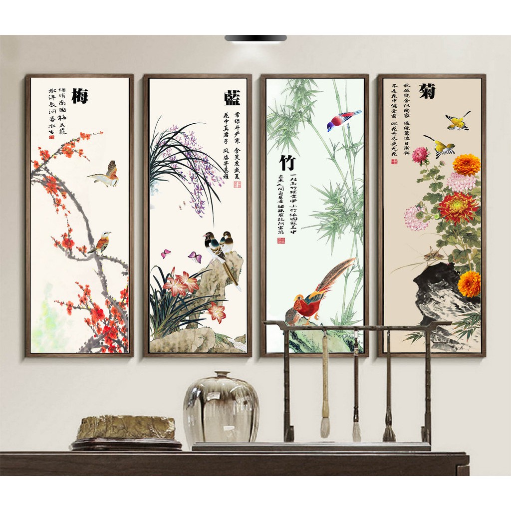 Tranh bộ Tứ quý HD Tự chọn HBO-0145-161 KT 30 x 80 cm x 4 tấm phủ kim sa