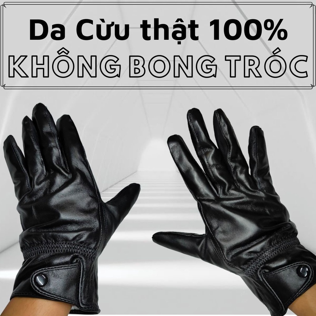 Găng Tay Da Cừu Nam Cài Khuy Màu Đen Mỏng Nhẹ, Dễ Lái Xe - Không Bong Nổ, Đi Mưa Thoải Mái - Bảo Hành Da Thật 3 Năm