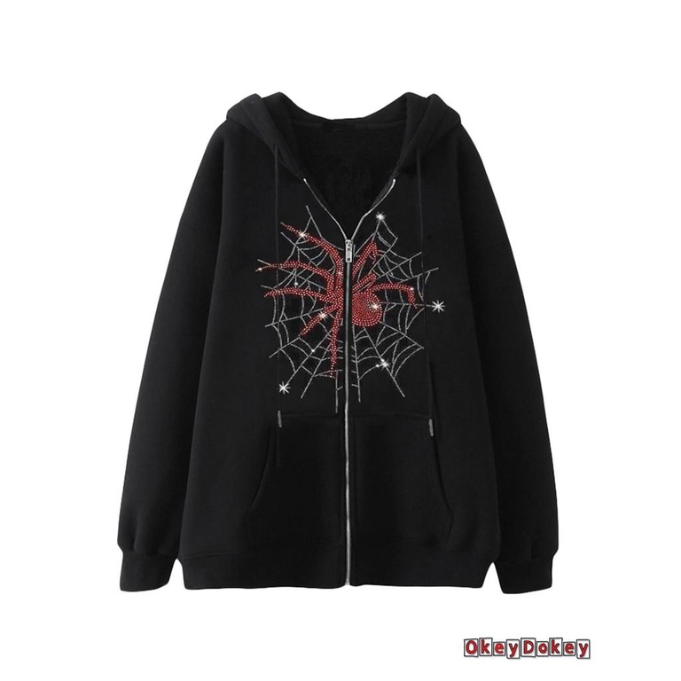 Odokey-y2k Áo Khoác Hoodie Nỉ Tay Dài Có Khóa Kéo Họa Tiết Ngón Tay Đầu Lâu Đính Đá Mặc Vào Mùa Thu Đường Phố