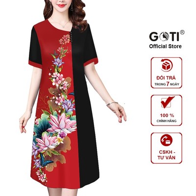 GOTI - Đầm Trung Niên Bigsize Lụa Dáng Dài Qua Gối Tay Ngắn Kiểu Đầm Dự Tiệc Cho Mẹ U50, U60 Cao Cấp 3277 3276 3319
