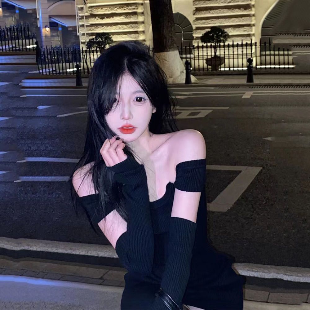 Đầm Body Sexy Trễ Vai Xẻ Tà Dáng Dài Màu Đen Phong Cách Hàn Quốc Váy Sang Chảnh Tiểu Thư