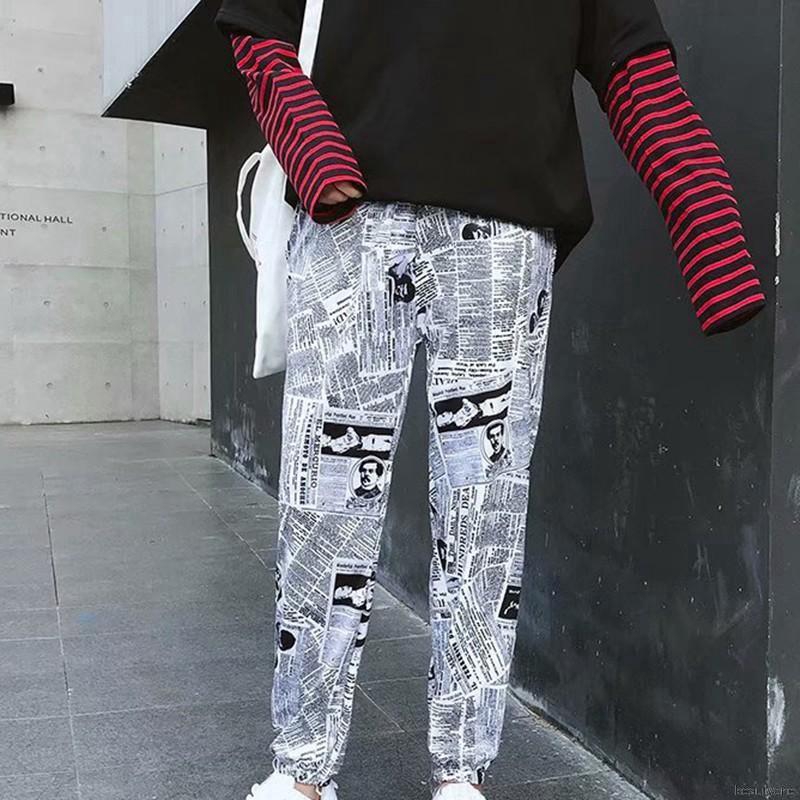 Quần dài lưng thun rút dây họa tiết báo chí phong cách Hàn Quốc cho nữ | BigBuy360 - bigbuy360.vn