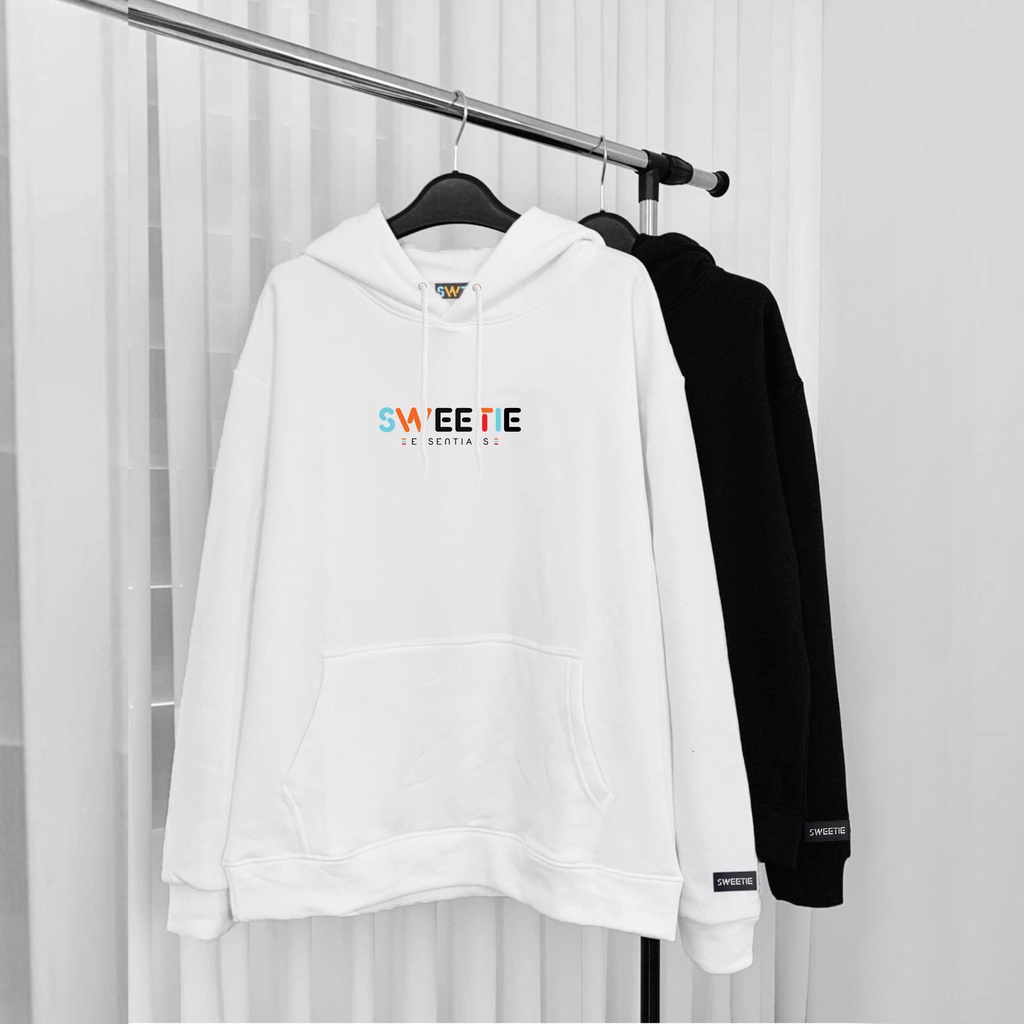 Áo Hoodie SWEETIE LOGO nỉ bông cotton 720g màu Trắng + Đen