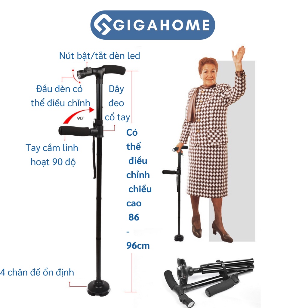 Gậy Chống Cho Người Cao Tuổi Chống Trượt GIGAHOME Có Đèn Pin, Xếp Gọn Tiện Lợi 2178