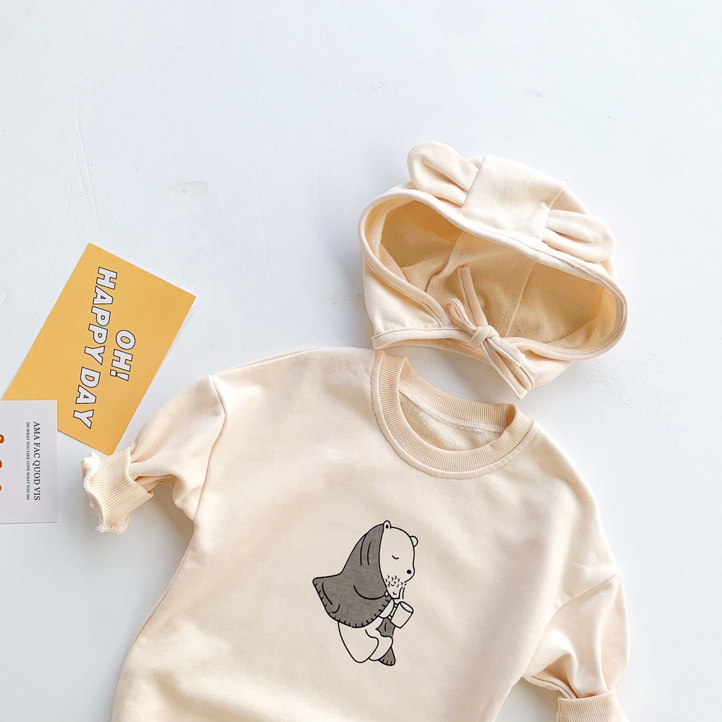 Set áo liền quần vải cotton tay dài hoạ tiết gấu đáng yêu cho bé 0-24 tháng