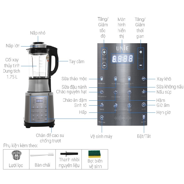 Máy làm sữa hạt đa năng Unie V8S - Công suất 1800W, dung tích 1.75L, thông báo bằng giọng nói - Hàng chính hãng