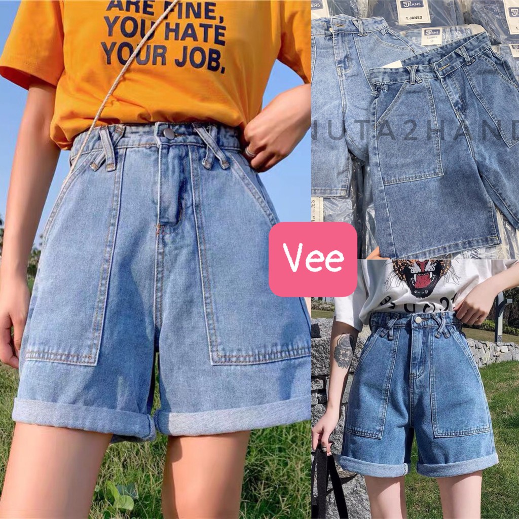 Quần short jean nữ trơn lưng cao ống rộng ulzzang/ Quần sooc bò ngố ống lửng phong cách hàn quốc_veestore