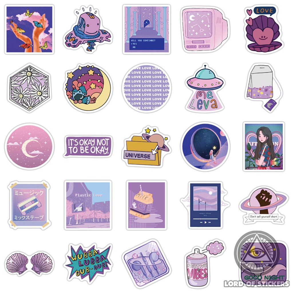 Set 50 Nhãn Dán Hoạt Hình Cute Sticker Tông Màu Tím Pastel Chống Thấm Nước Dễ Thương Trang Trí Mũ Bảo Hiểm, Laptop, Sổ