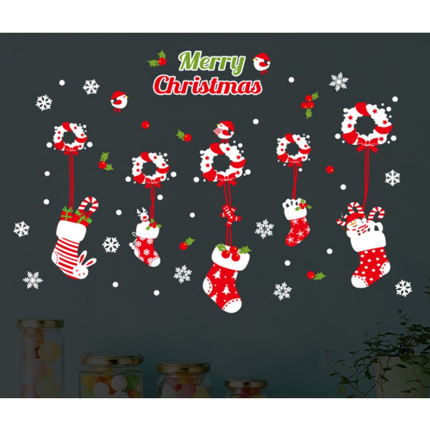 Decal trang trí Rèm dây nguyệt quế treo Vớ đỏ NOEL