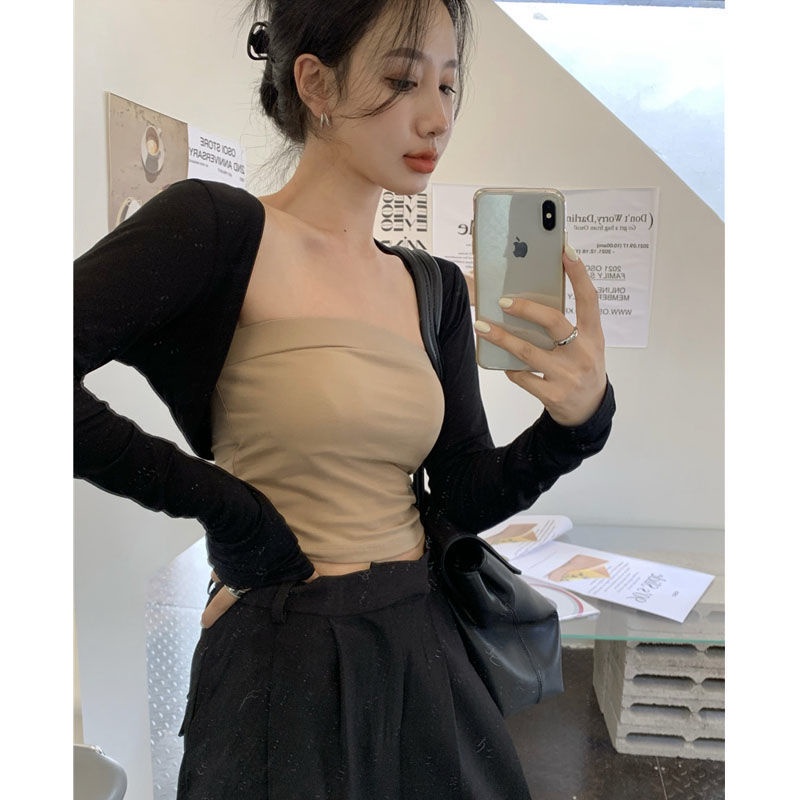 COZOK Set Áo Cardigan Tay Dài + Áo Hai Dây Dáng Ngắn Thời Trang Quyến Rũ Cho Nữ