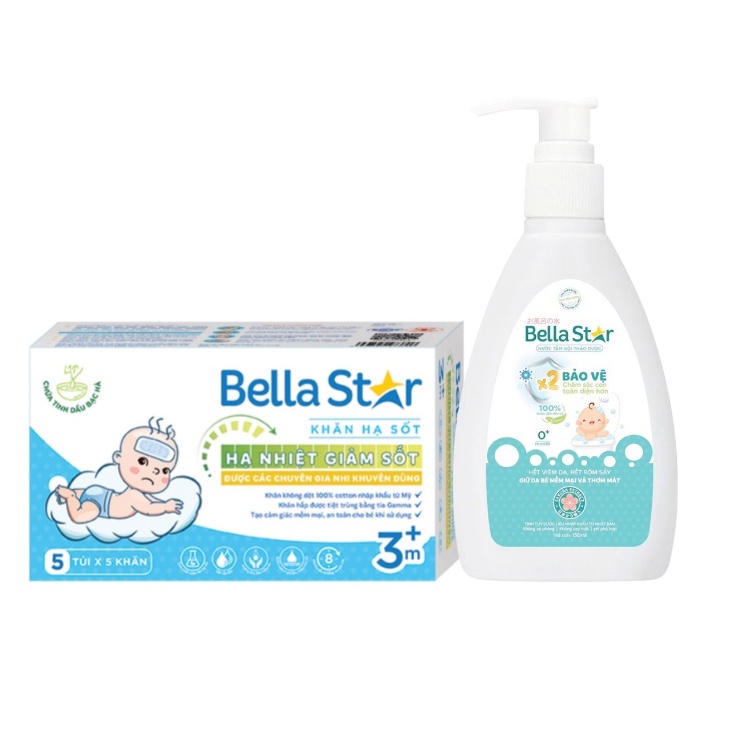 Combo Nước Tắm Thảo Dược 150ml & Khăn Lau Hạ Sốt 3+ BELLA STAR Làm Mát Hạ Nhiệt Giảm Sốt Cho Bé