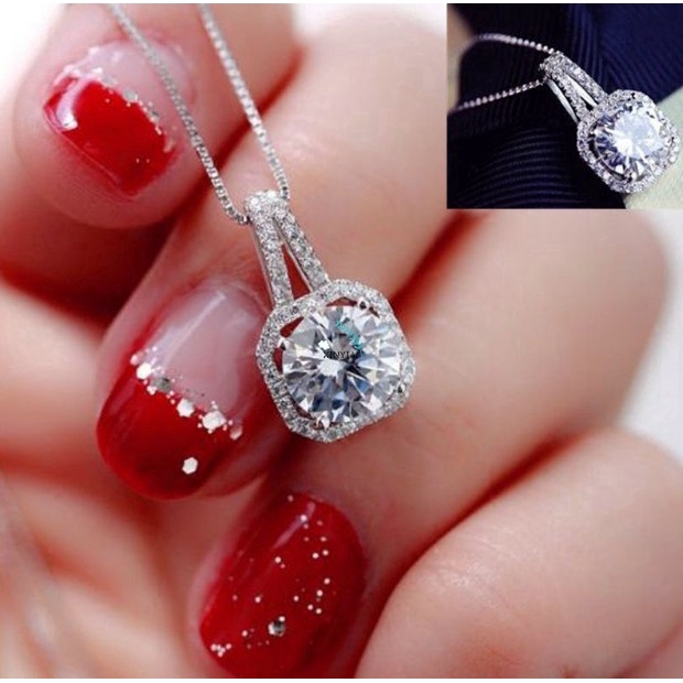 Dây Chuyền Mạ Bạc 925 Mặt Hình Vuông Đính Đá Xinh Xắn