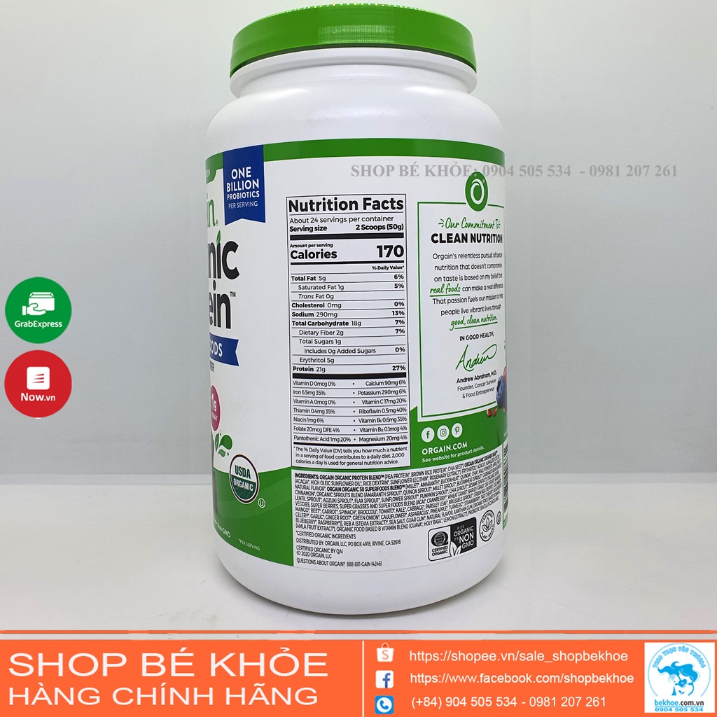 Orgain Protein organic - Sữa hữu cơ thực vật SuperFood Protein powder, Vanilla Bean Vegan, Non GMO