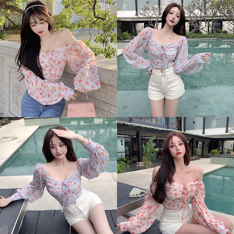 Áo Crop Top Vải Voan Tay Dài Phồng Trễ Vai In Hoa Kiểu Retro Hàn Quốc Xinh Xắn Cho Nữ