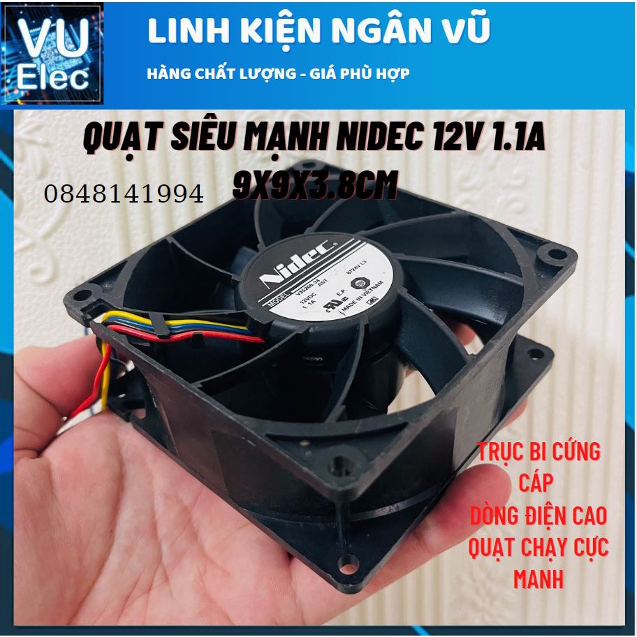 Quạt Tản nhiệt 12V 1.1A- QUạt hút gió siêu mạnh Hãng NIDEC 12V 9x9x3.8CM