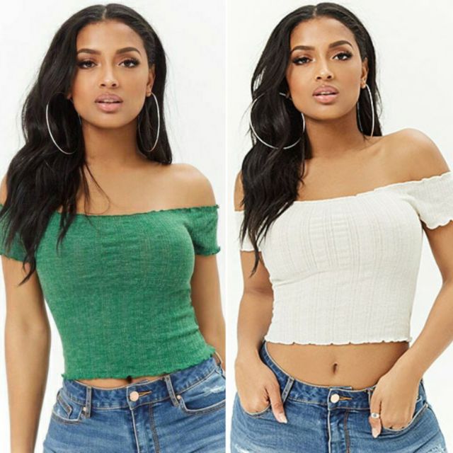Áo croptop ren thun trễ vai F21 VNXK