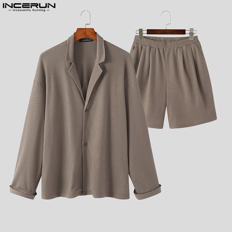 Bộ áo sơ mi dài tay và quần short lưng thun INCERUN thời trang nam tính