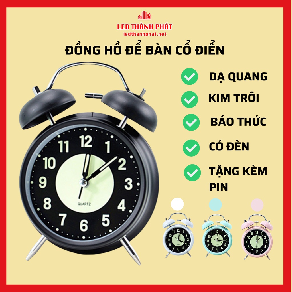 Đồng hồ để bàn báo thức TWIN BELL kim trôi dạ quang có đèn , tặng kèm pin bảo hành 6 tháng