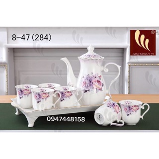 Bộ bình cốc sứ kèm khay có chân cao cấp