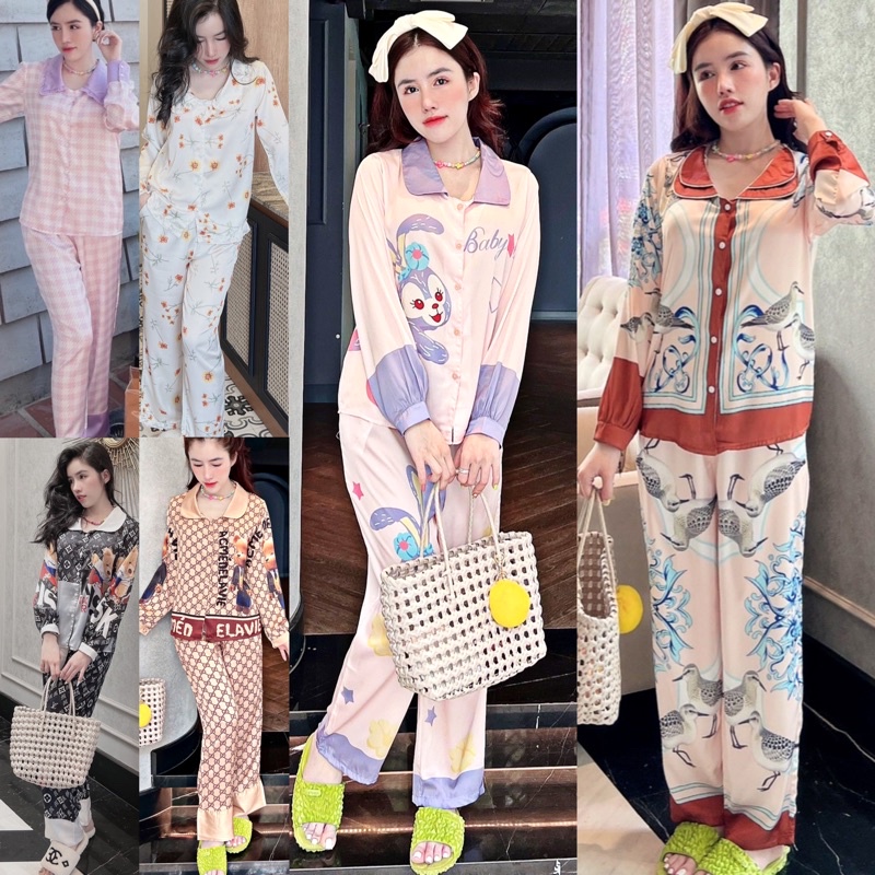 Đồ bộ pijama mặc nhà LỤA cổ sen tay phồng cho bạn nữ dưới 62kg thiết kế cao cấp