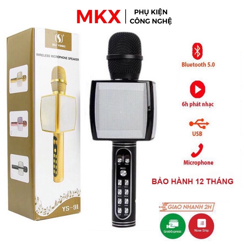 [ BH 12 tháng ] Mic hát Bluetooth YS-91, micro không dây Loại 1 hỗ trợ thu âm, tích hợp loa bass chuẩn