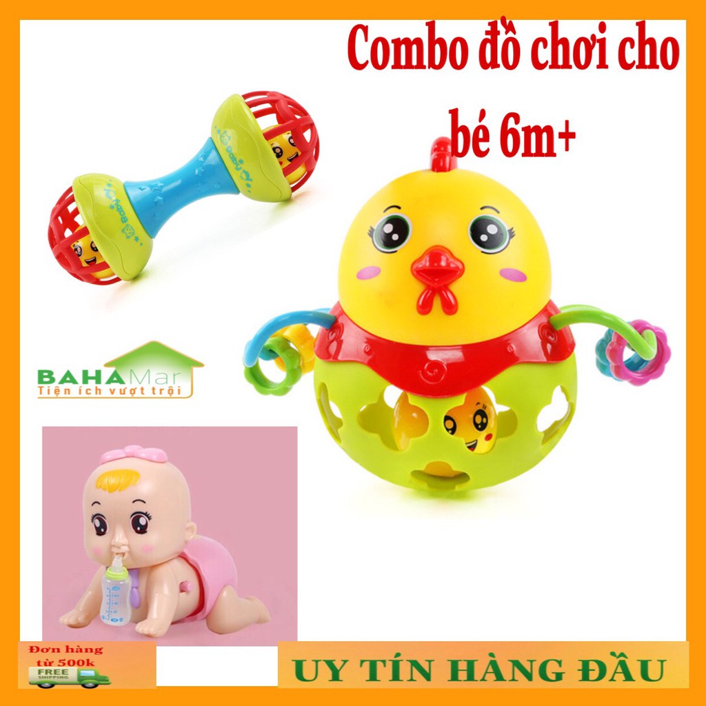 COMBO ĐỒ CHƠI CHO BÉ TỪ 6 THÁNG TRỞ LÊN "BAHAMAR" gồm búp bê bò bú bình biết hát, xúc xắc hình , lục lạc
