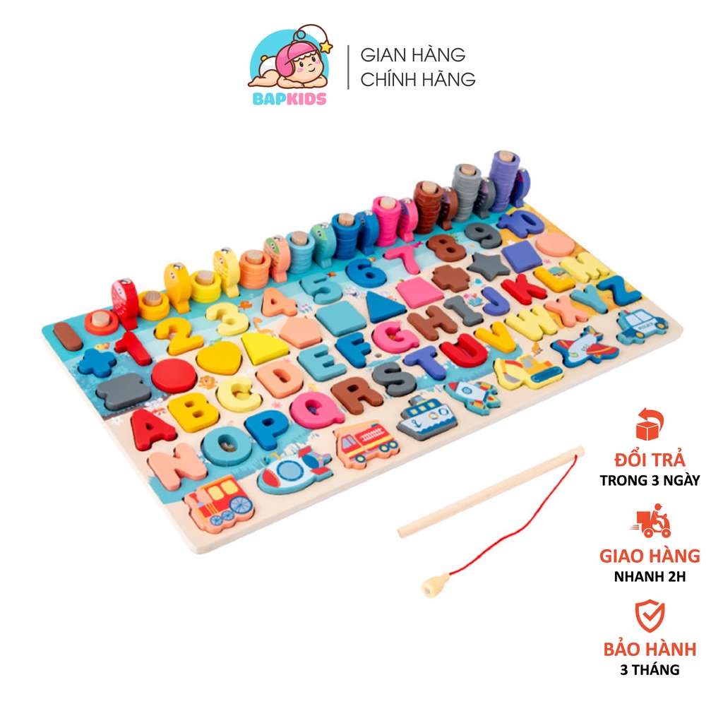 Đồ chơi câu cá gỗ đa năng 7 trong 1 kèm hình khối, số, chữ và phương tiện giao thông