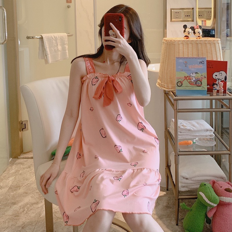 Váy ngủ, váy 2 dây chất thun sữa in họa tiết hoạt hình dễ thương V284