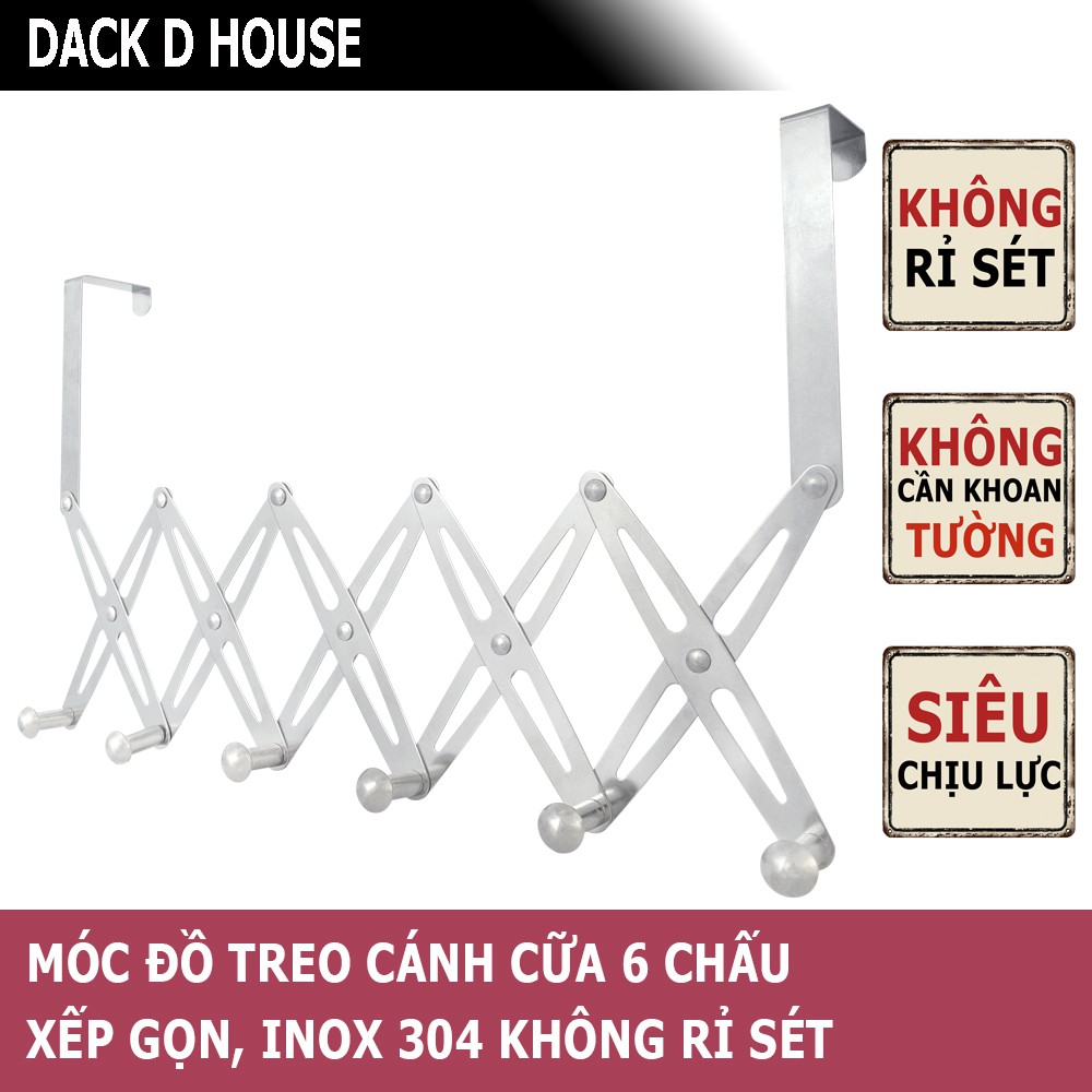 Móc đồ treo cửa Dack D House, inox 304 chống rỉ sét, 6 chấu xếp gọn tiện lợi, gia dụng thông minh