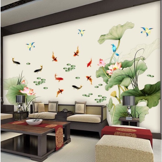 Decal trang trí tường - Bụi sen và đàn cá chép