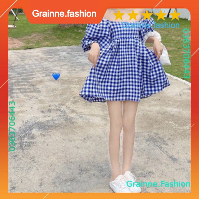 ÁO VÁY ĐẦM NỮ BABYDOLL KẺ CARO XANH CỔ VUÔNG - VÁY KẺ XANH TAY PHỒNG TRỄ VAI DÁNG SUÔNG 💎👗👑- GNFShop