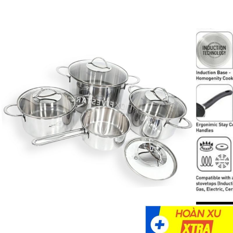 Bộ 5 nồi Inox cao cấp Fivestar Oval Kitchi nắp kính [ CHÍNH HÃNG] BẢO HÀNH 5 NĂM