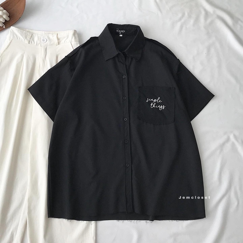 Áo Sơ Mi Nữ Form Rộng Cổ Bẻ Sơ Mi Tay Ngắn 1 Túi Ngực Basic Trơn Năng Động Cá Tính 3 Màu Đen Trắng Nâu DYON 10116