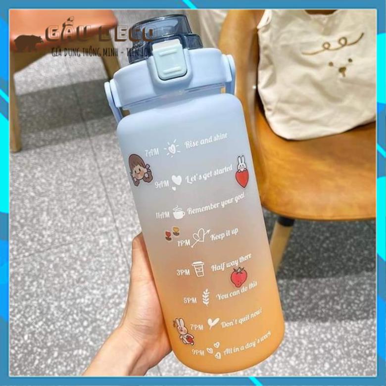 Bình nước 2 lít chia vạch siêu kute [FREESHIP]  Báo giờ uống nước dễ thương cute thể thao có ống hút