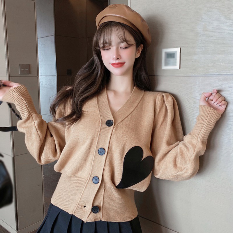 Áo khoác cardigan dệt kim dáng rộng họa tiết trái tim xinh xắn cho nữ