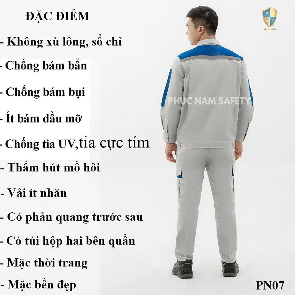 Bộ quần áo bảo hộ lao động vải Pangrim cao cấp màu ghi đá xanh phối xanh dương – PN07, BHLĐ Phúc Nam