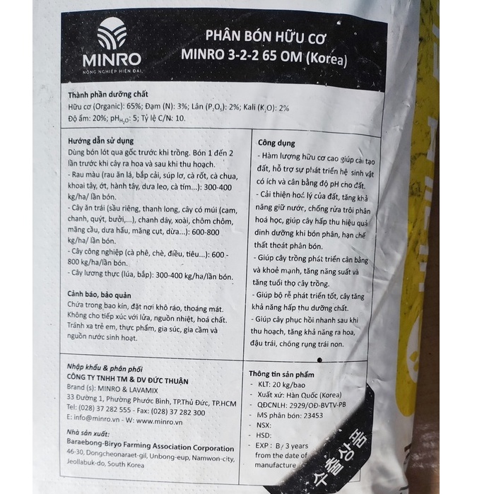 Phân Hữu Cơ Hàn Quốc Minro bao 20kg, Cung cấp dinh dưỡng cần thiết cho cây trồng