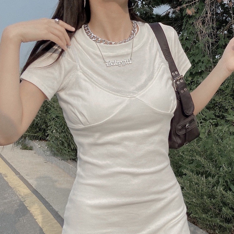 COZOK Đầm Nữ Tay Ngắn Phối Ren Phong Cách Hàn Quốc