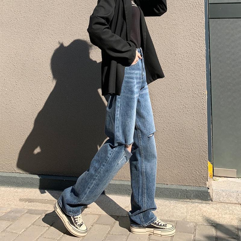 Jiashucheng Quần Jean Nữ Ống Rộng Lưng Cao Rách Gối Cá Tính