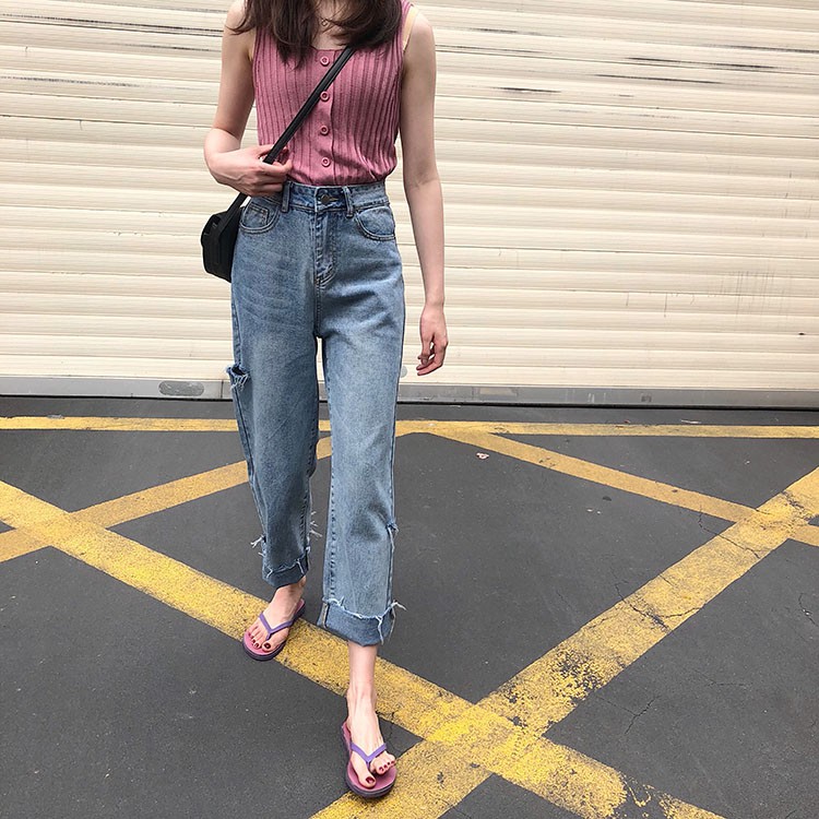 Quần jeans nữ ống rộng suông cạp cao Emilyshop phong cách ulzzang