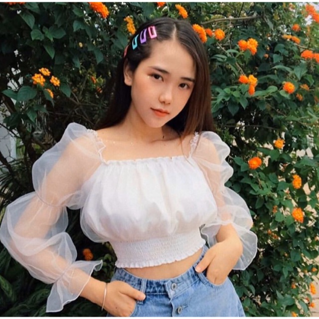 Áo voan lưới nhún tay bẹt vai