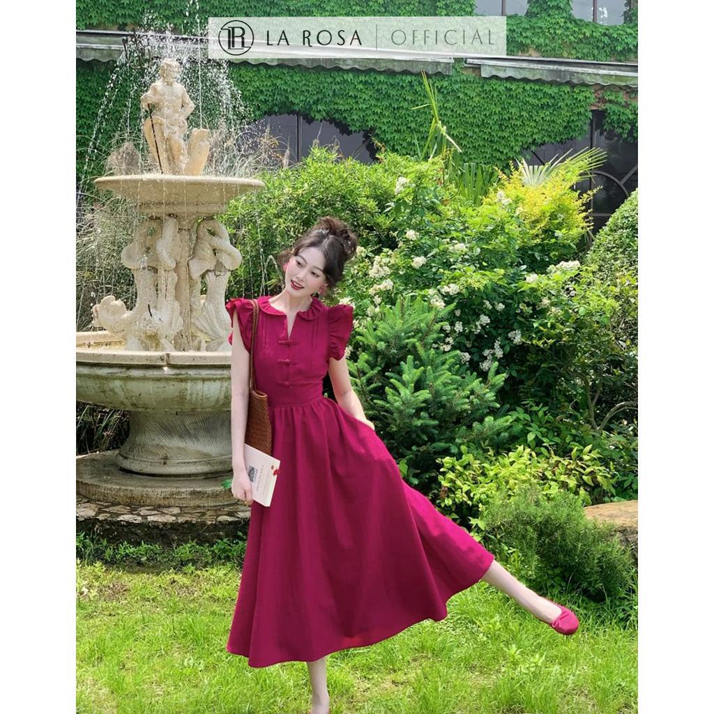 Váy Tiểu Thư Cổ Sen Xếp Li Tay Bèo Dáng Dài LAROSA Thiết Kế Đính Cúc Nơ Giả, Chất Liệu Mềm Mại, Thoáng Mát V1106