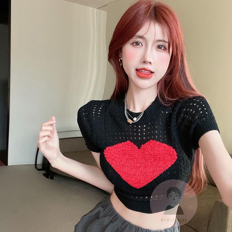 Áo Thun Tay Ngắn Cổ Tròn Họa Tiết Trái Tim Thời Trang Cho Nữ