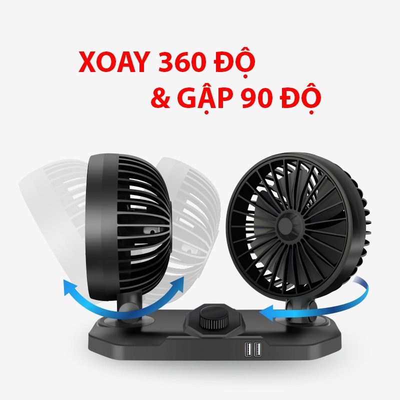 Quạt Đôi Mini Làm Mát Ô Tô Xoay 360 Độ Dùng Điện 12V-24V Cho Mọi Dòng Xe Hơi