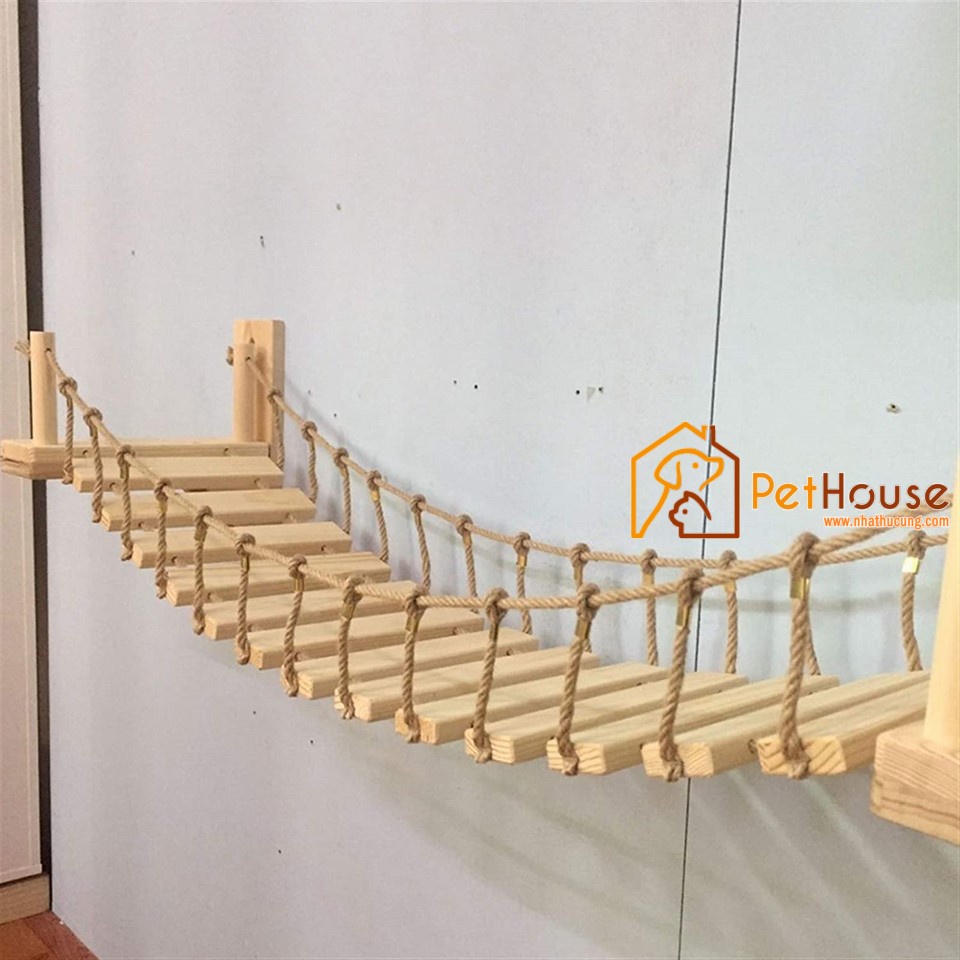 Cầu treo tường dành cho mèo, thang dây gỗ, sân chơi cho mèo bằng gỗ tự nhiên