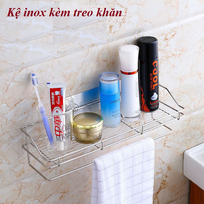 Kệ đựng mỹ phẩm treo tường, Kệ hình chữ nhật góc Inox 304 dán tường nhà tắm kèm Móc treo khăn