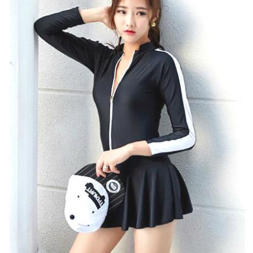 Đồ Bơi Dài Tay Chống Nắng Che Bụng, Bikini Áo Tắm Liền Váy 1 Mảnh Phối Cánh Tay Viền Trắng Bản To Hàn Quốc Cực Đẹp ST