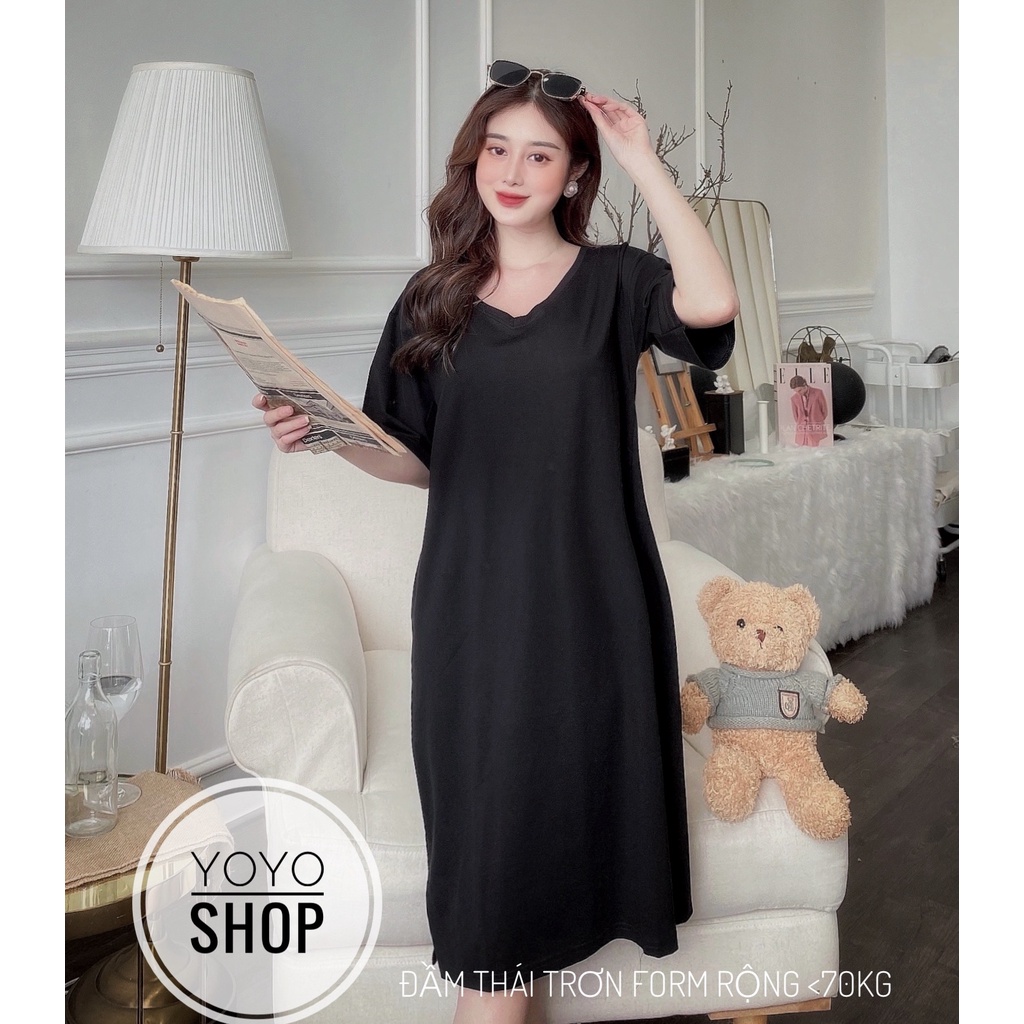 Đầm trơn basic dáng suông bigsize thun thái cao cấp YoYo tay lỡ cổ tròn màu xanh cổ tim